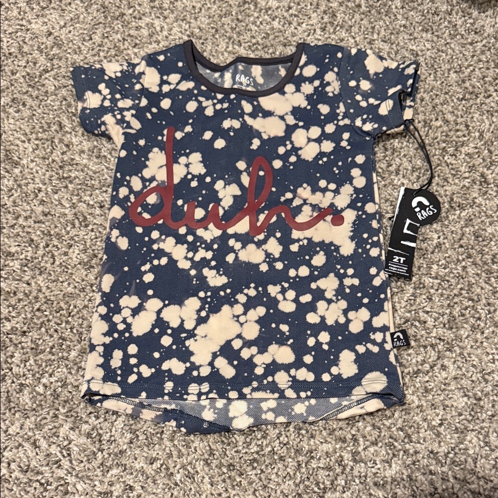 Rags Navy Bleach-Spot Short Sleeve Tee with Red Script
